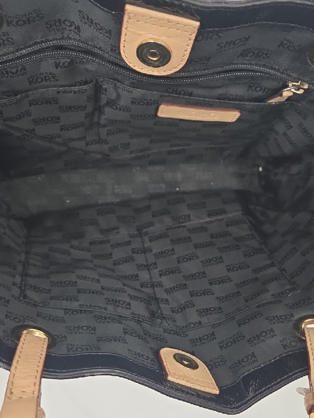 Michael Kors Black Patent Tote with Tan Straps and Gold MK Charm - Picture 8 of 16